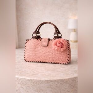 Blush Pink Woven Boutique Handbag Rose Detail Special Occasion Purse 12.5in